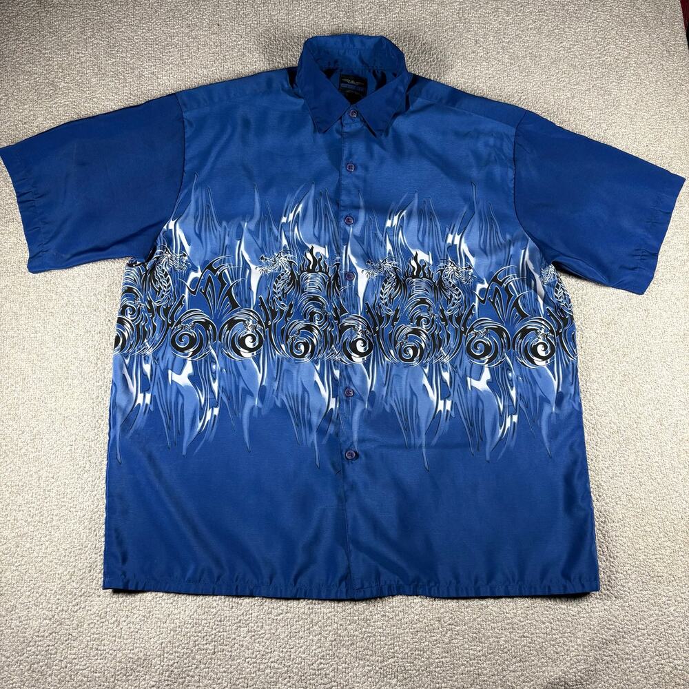 Vintage Extreme Gear Y2K Blue Tribal Dragon Flame Button Up Shirt XL Men’s